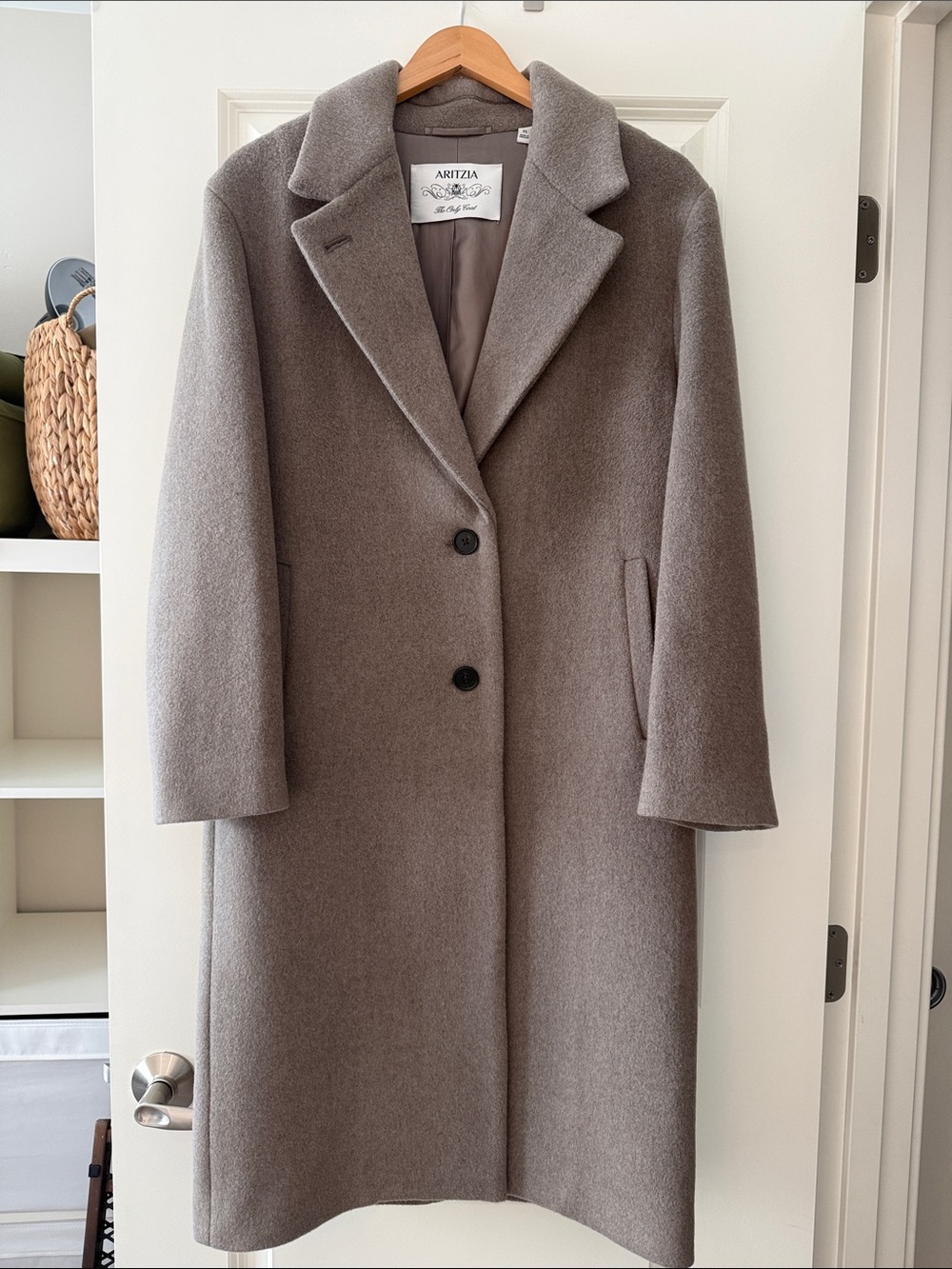 Aritzia Taupe Long Single-Breasted Wool Coat
